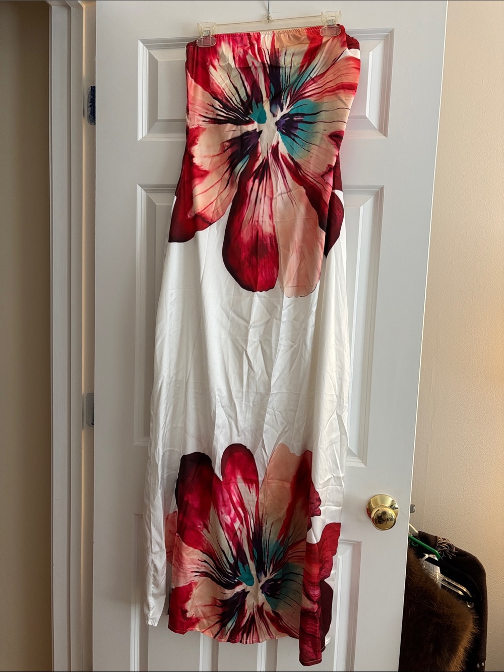 Strapless Maxi Dress with Red Floral Print